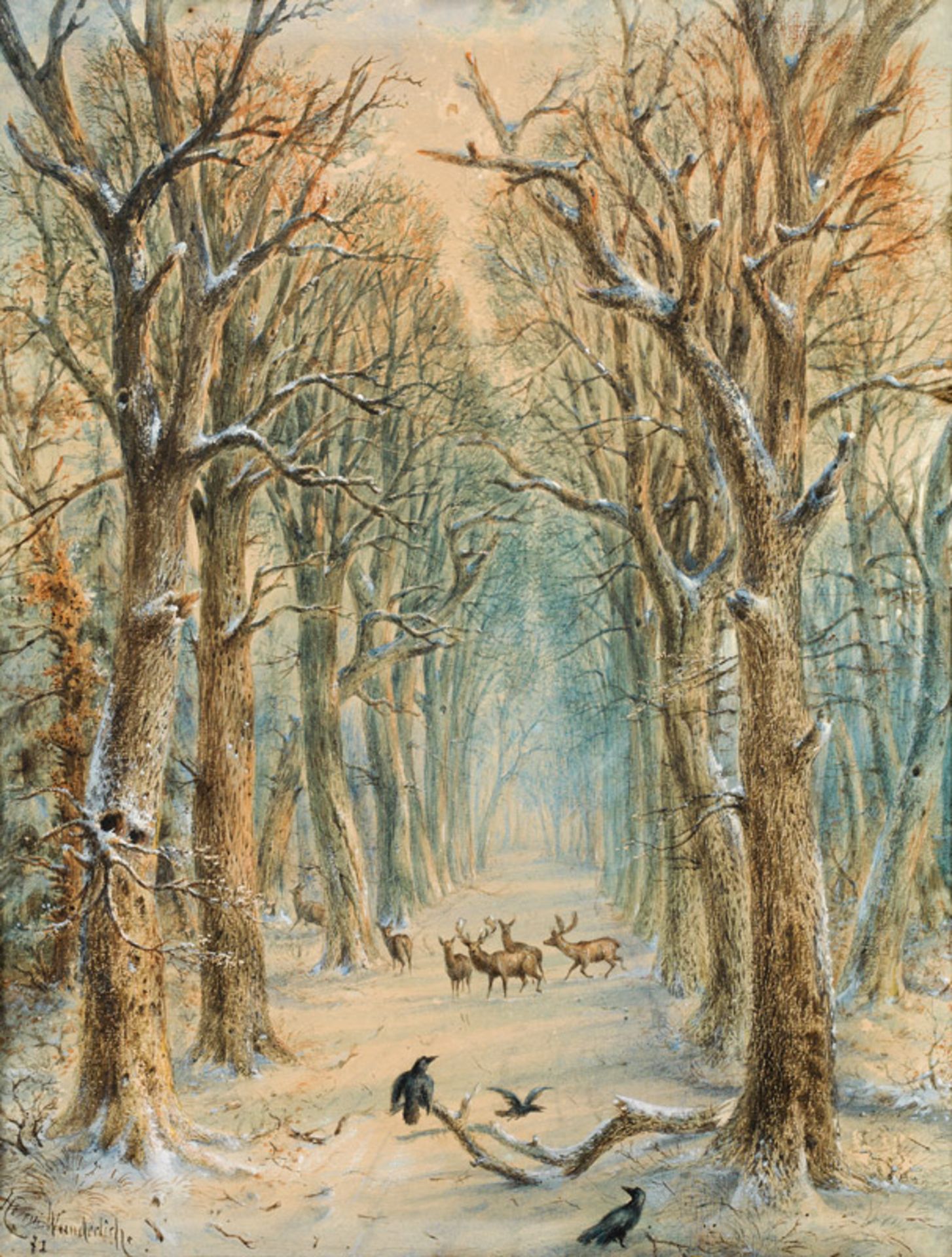 Hermann Moritz Wunderlich Stags in a forest in winter, 1871