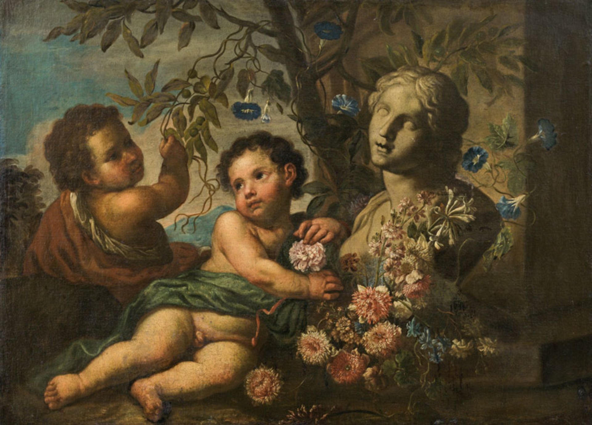 Karel van Vogelaer Flower still life with putti and bust in a landscape, c. 1680/90