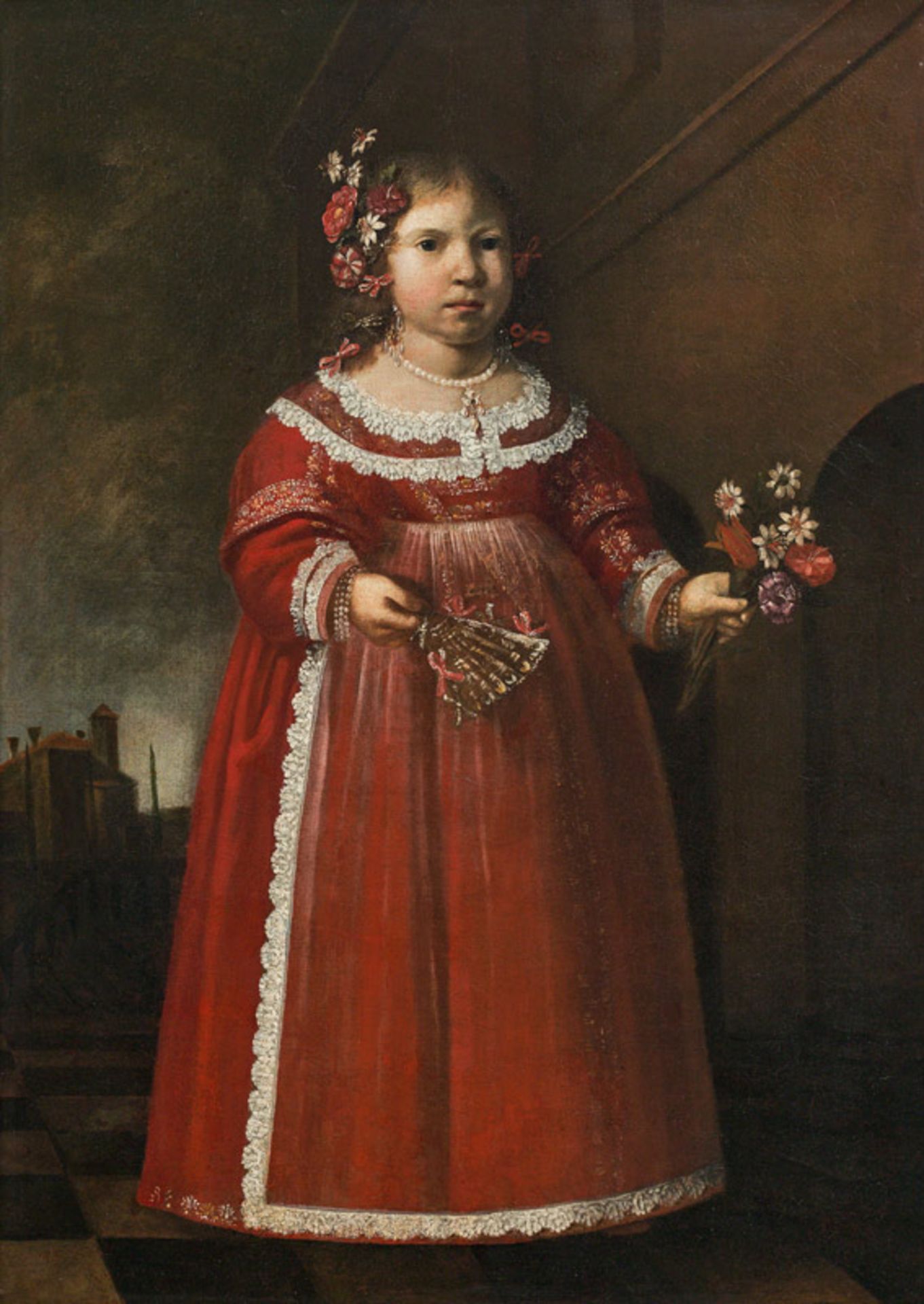 Pier Francesco Cittadini Portrait of a little girl with fan and flower bouquet