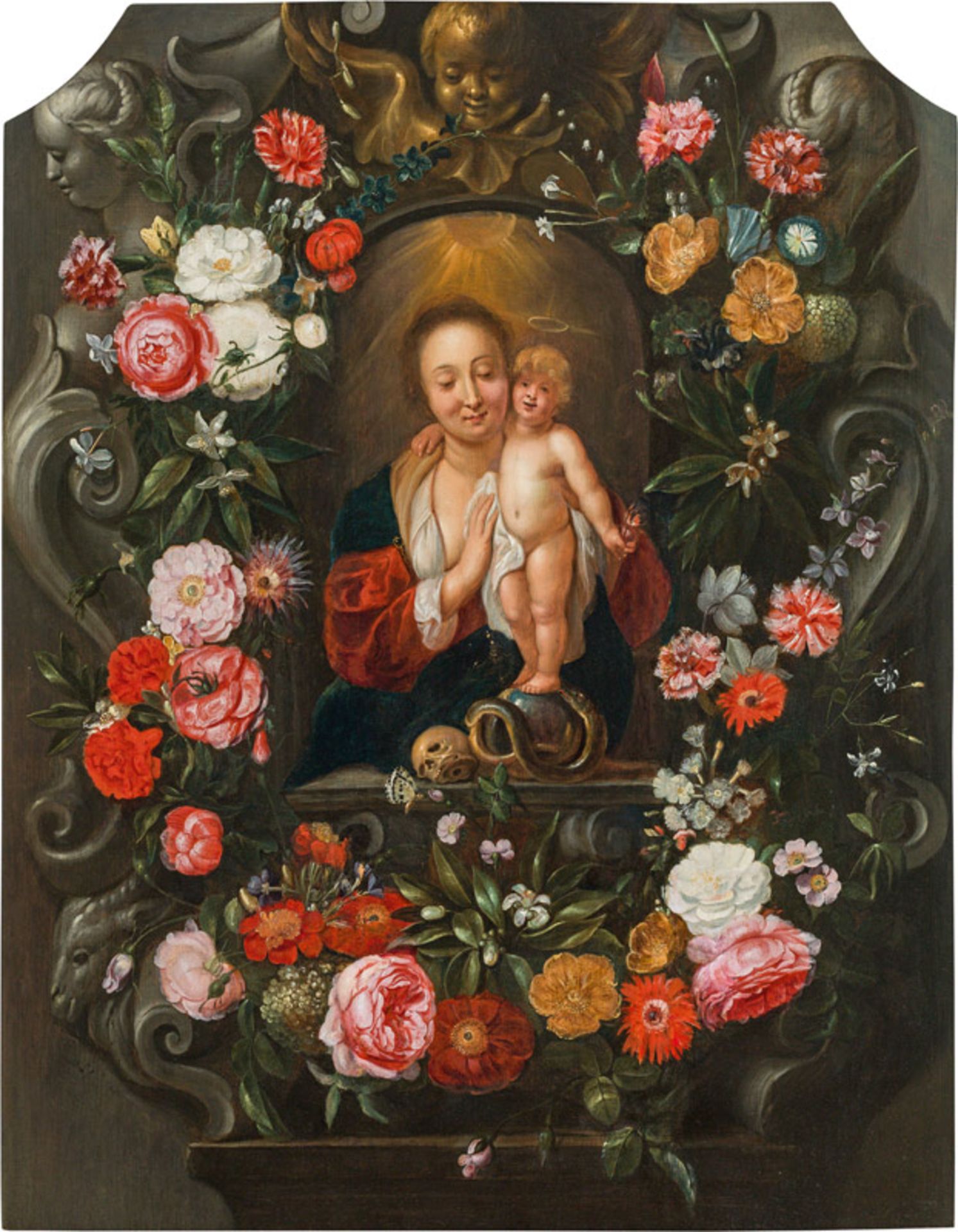 Flämischer Künstler Flower cartouche with Mary and Christ, 17th century