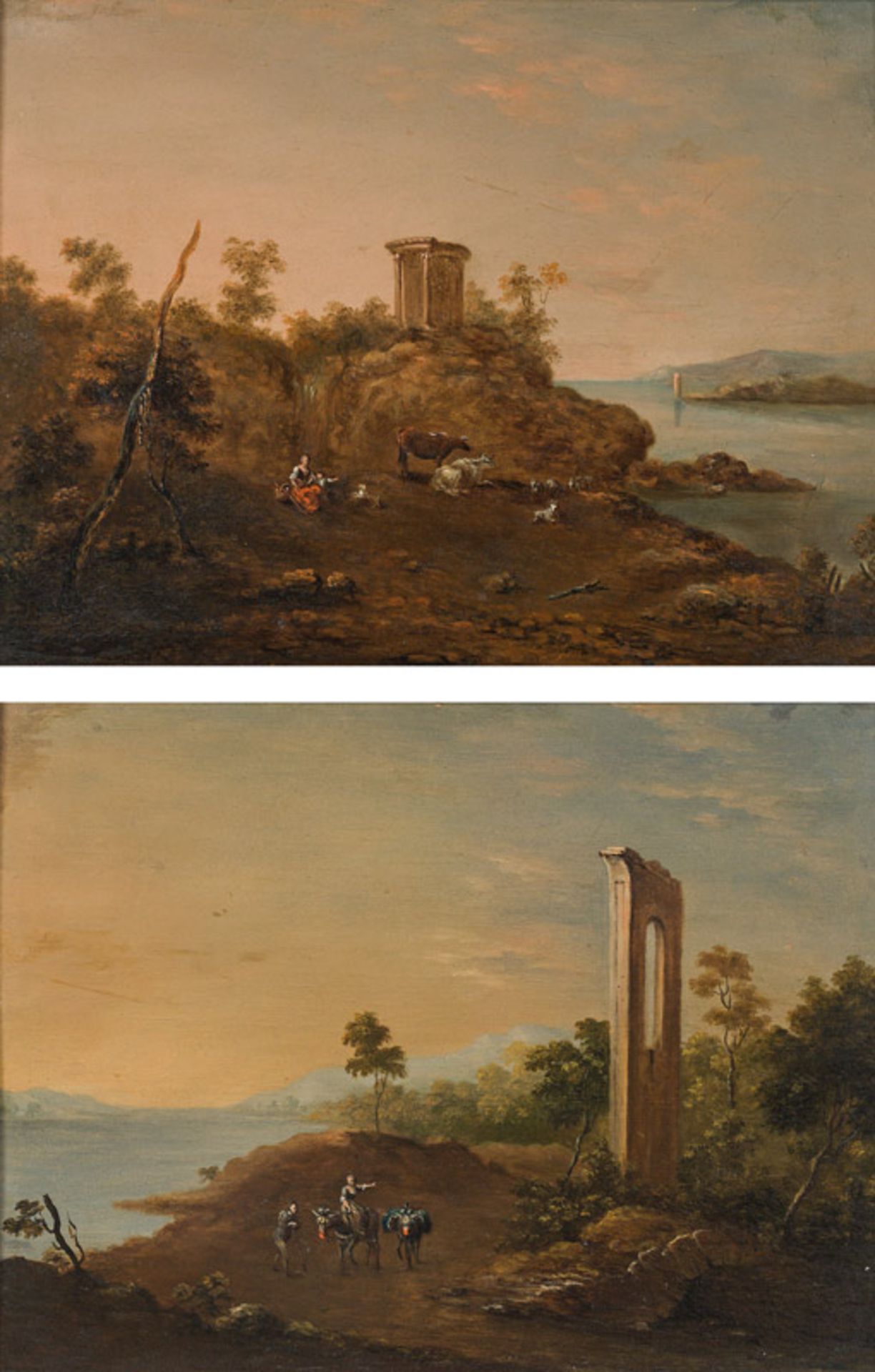 Norbert Joseph Karl Grund Landscape with figure staffage and ancient ruins (counterparts)</b