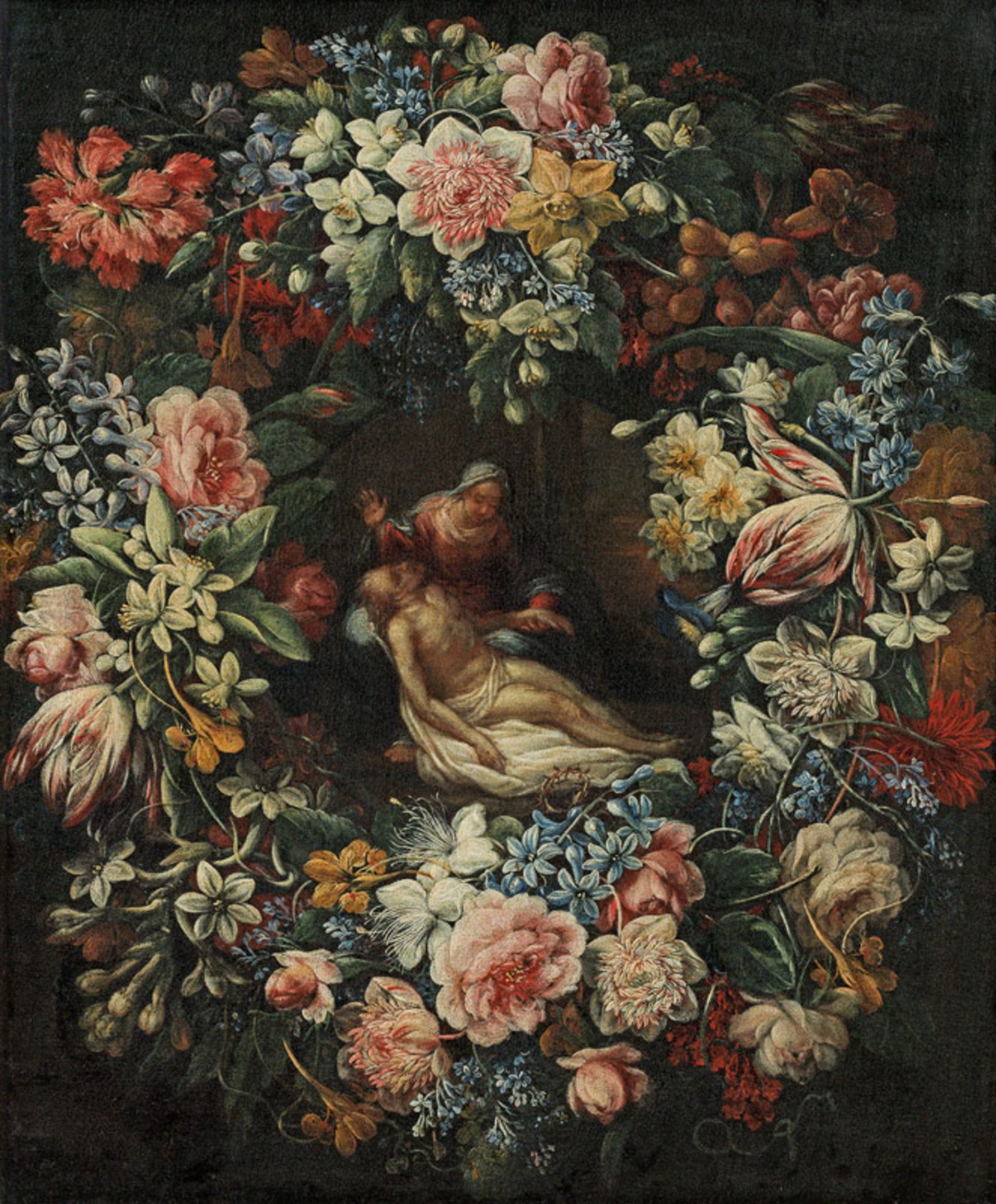 Neapolitanische Schule Flower cartouche with pietà, 2nd half of the 17th century