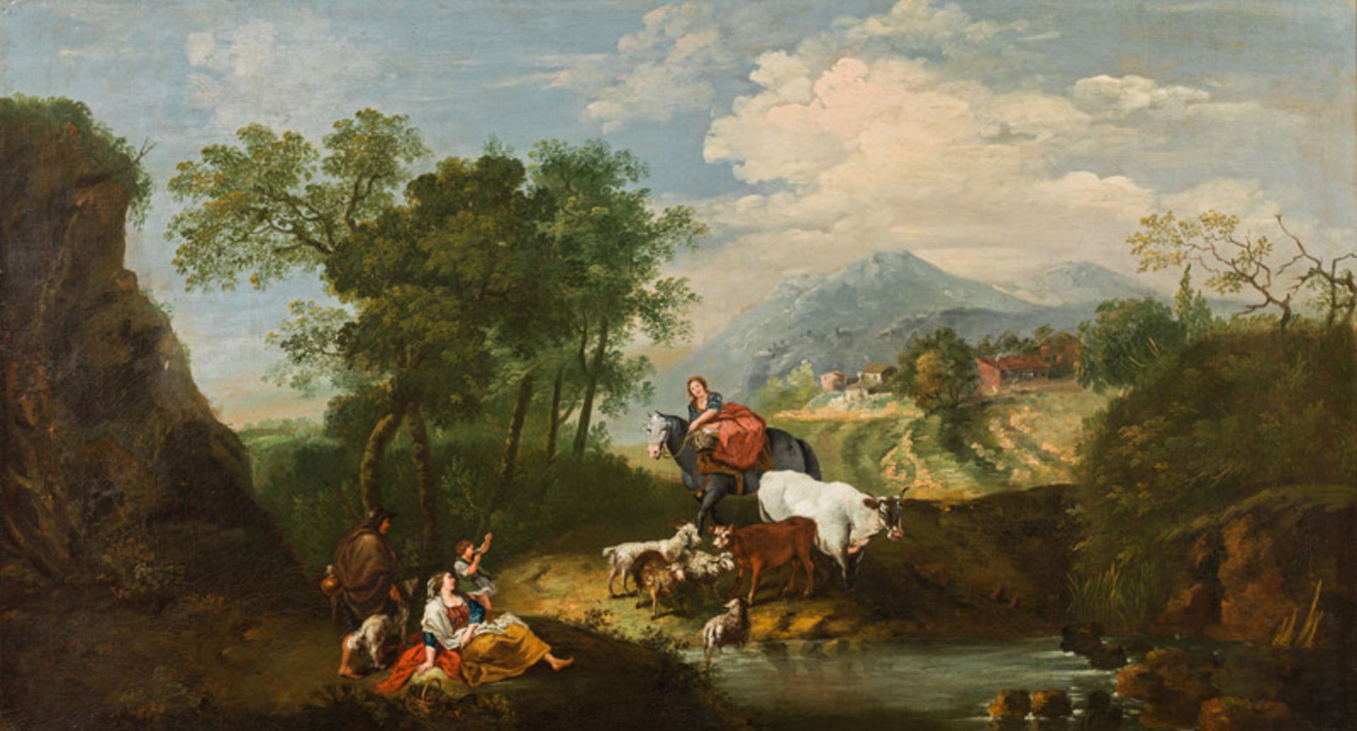 Francesco Zuccarelli Landscape with equestrian and peasants with a heard of animals resting