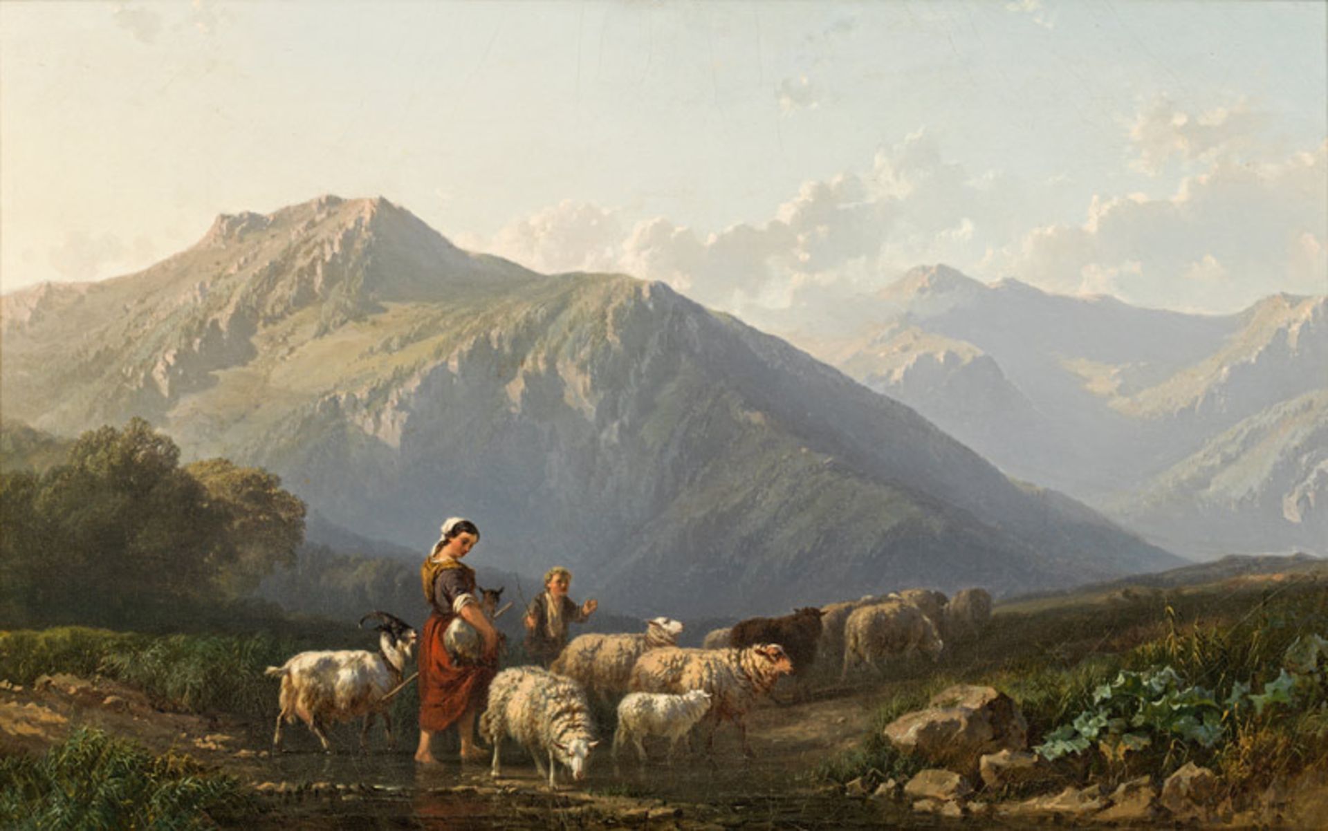 Alfred de Bylandt Mountain landscape with shepherdess and flock