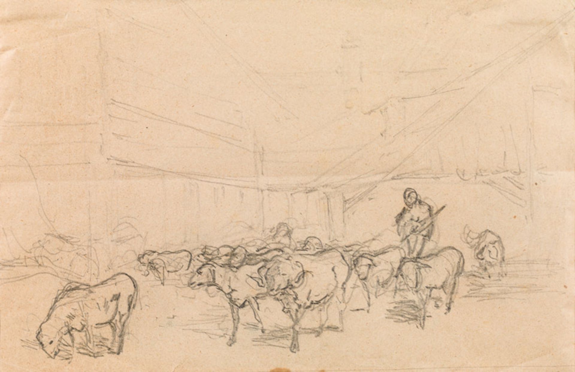 Friedrich Gauermann Cattle; reverse: farmstead with herd of cattle