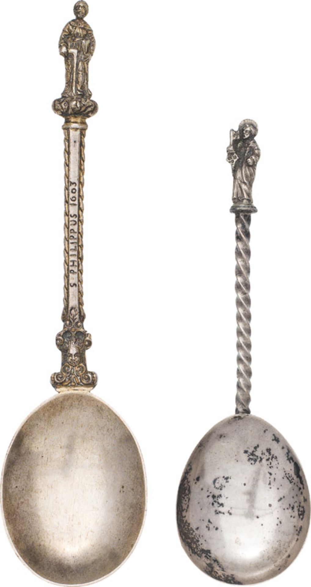 2 Apostle spoons, dated 1603/17th century