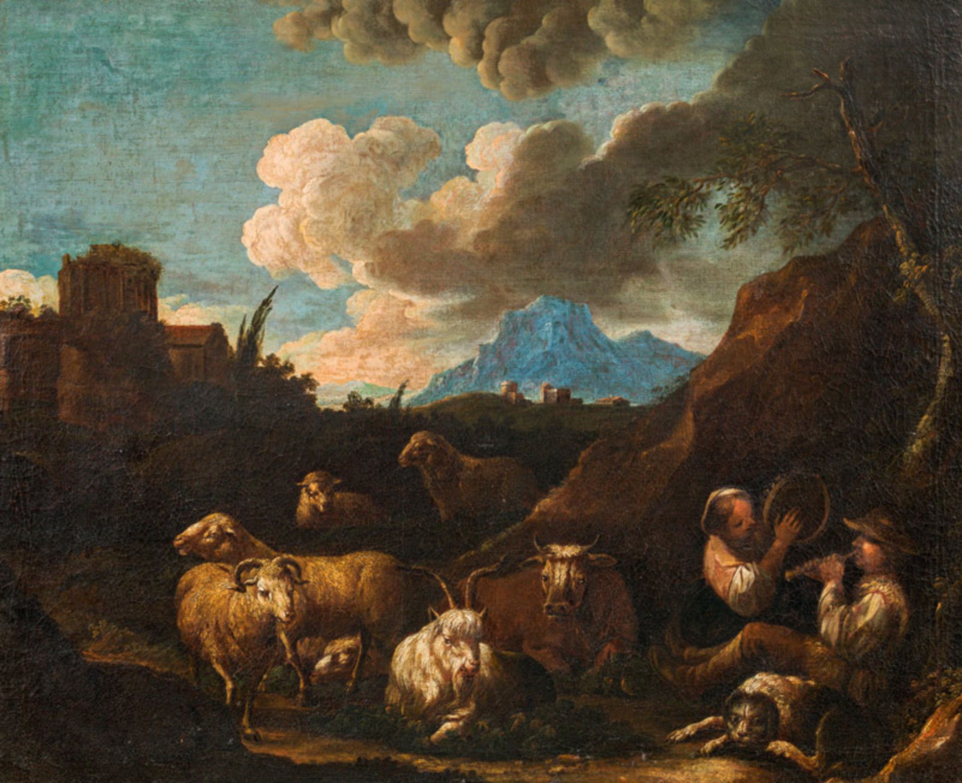 Circle of Philipp Peter Roos, genannt Rosa da Tivoli, Shepherds with sheep and cows making m