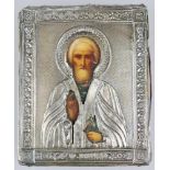 Kleine Ikone des hl. Sergius von Radonesch, Russland 19. Jh., Eitempera auf Holz, mit guillochiertem
