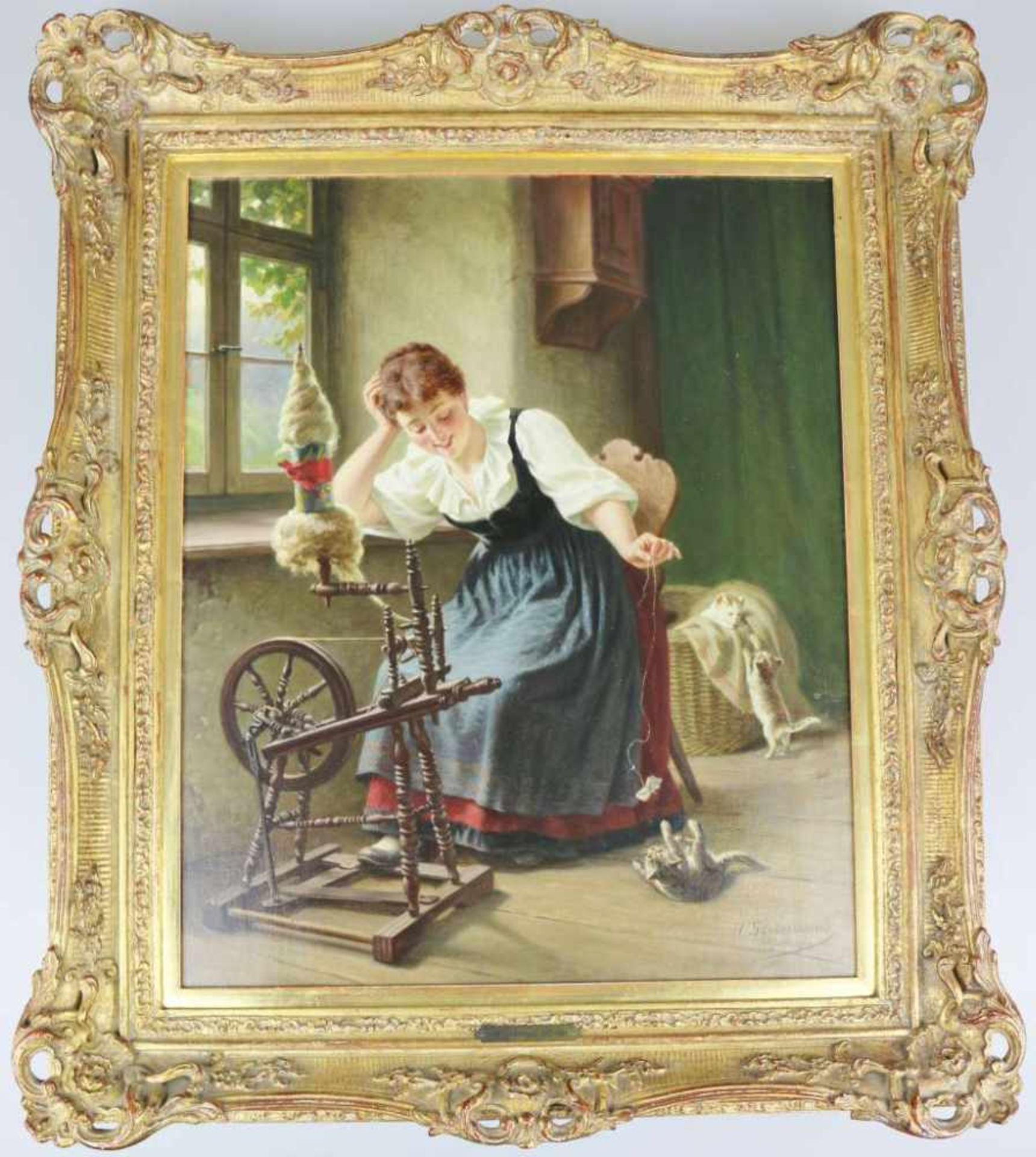 Hermann SONDERMANN (1832-1901), Mädchen mit Spinnrad und Katzen, Öl auf Leinwand, u.re. sign. und - Image 2 of 4