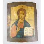 Ikone mit dem Christus Pantokrator, Russland, 19./ 20. Jh., gewölbte Holztafel mit zwei rückseitigen