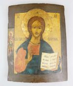 Ikone mit dem Christus Pantokrator, Russland, 19./ 20. Jh., gewölbte Holztafel mit zwei rückseitigen
