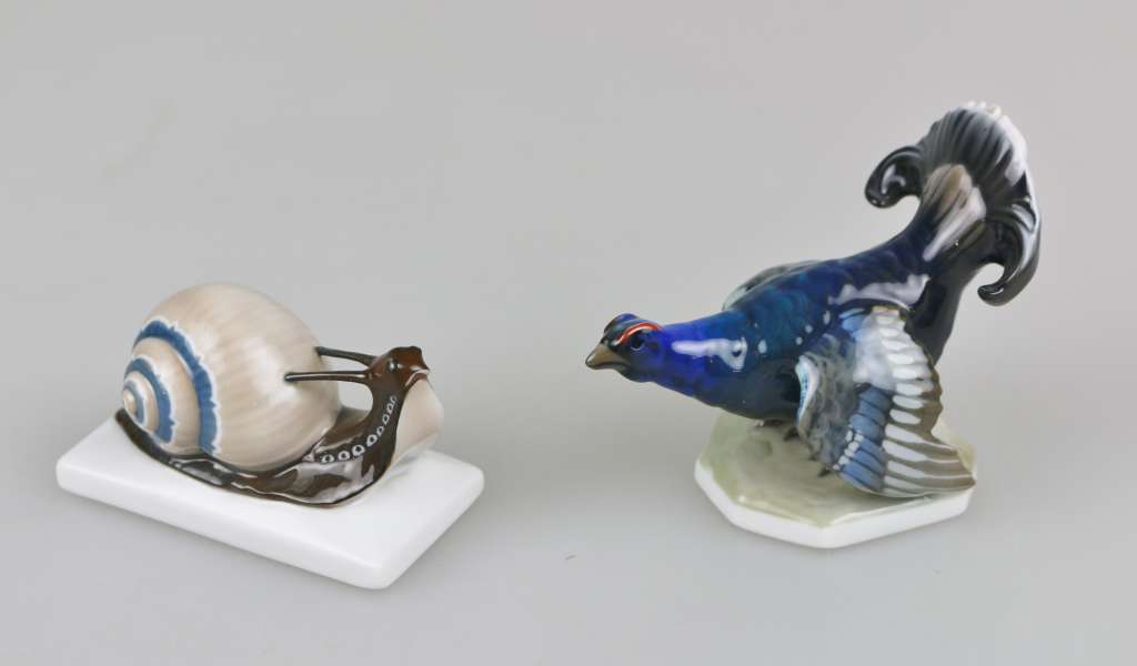 Rosenthal, zwei Tierfiguren, Schnecke 1920er Jahre, Modellnr. K 646, Entwurf und sign. A.(lbert)