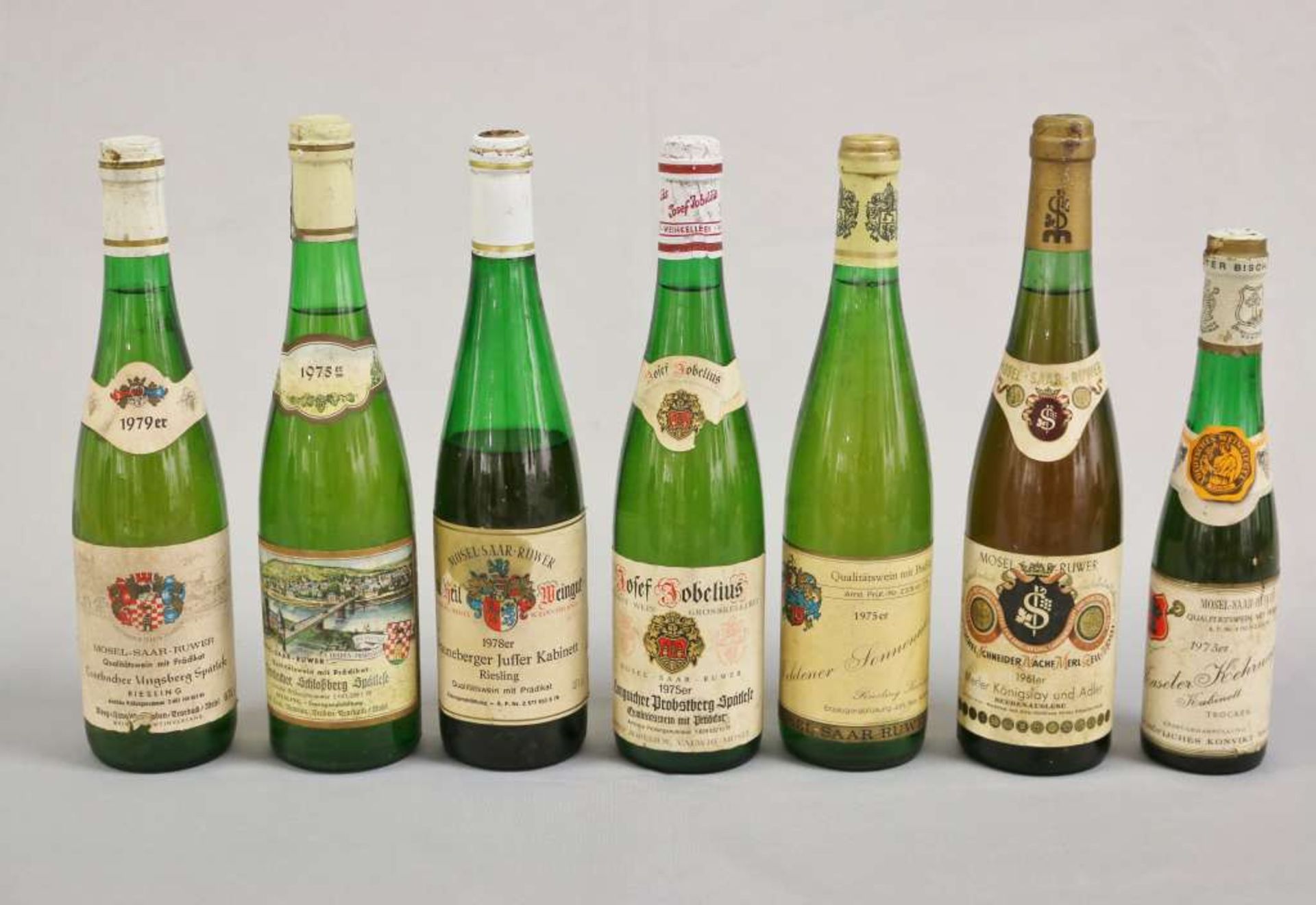 Weißwein u. Süßwein, 7 Flaschen, Mosel-Saar-Ruwer: Merler Königslay und Adler 1961 Beerenausleses;