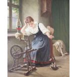 Hermann SONDERMANN (1832-1901), Mädchen mit Spinnrad und Katzen, Öl auf Leinwand, u.re. sign. und