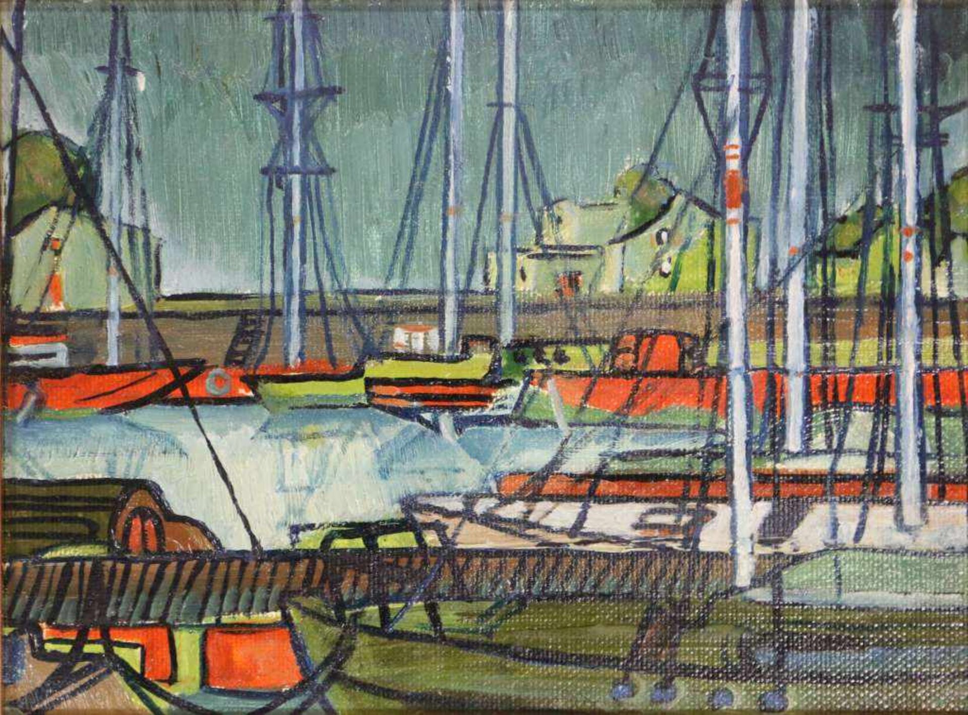 Hildegard Hedwig URBAN (1919-1998), Öl auf Hartfaser, "Am Hafen", Maße: ca. 20 x 25 cm, gerahmt.