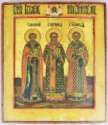 Ikone, die Drei Heiligen Hierarchen unter dem Mandylion, Russland, 19. Jh., Kowtscheg, Eitempera auf