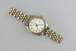 Rolex Damenarmbanduhr Oyster Perpetual Date, 1980er Jahre, Stahl und Gold, Automatikwerk, rundes