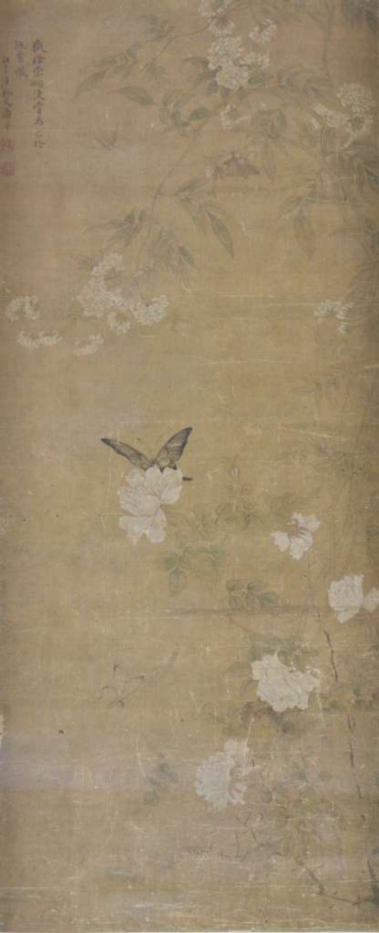 Kakemono, Tuschezeichnung, wohl Edo Zeit, dargestellt die Äste blühender Rosensträucher, in deren