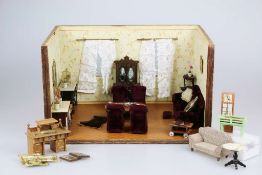 Puppenstube "Wohnzimmer", 1. H. 20. Jh., 1-Raum mit 2 verglasten Fenstern, Boden und Wände