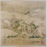 Seidenmalerei, Japan, wohl Kano-Schule, Tusche und Blattgold auf Seide, Berglandschaft mit Hütten in
