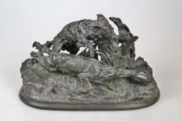 Pierre-Jules MÈNE (1810-1879), große Jagdgruppe, Bronze dunkel patiniert, zwei jagende Setter bei