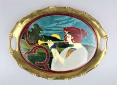 Carl Sigmund LUBER (1866-1934), ovales Jugendstil Tablett, um 1900, Fayence in Fadenrelieftechnik