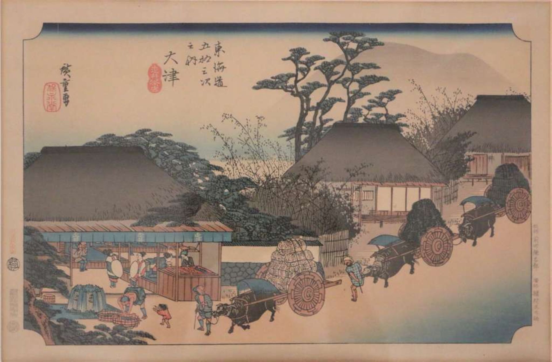 Ando Hiroshige (1797-1858), oban, Farbholzschnitt, Händler mit Ochsenkarren an einem Rasthaus bei