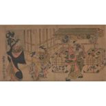 Farbholzschnitt, Japan, wohl 19. Jh., Dame mit Dienerinnen bei einem Händler. Maße: 15 x 28,5 cm.
