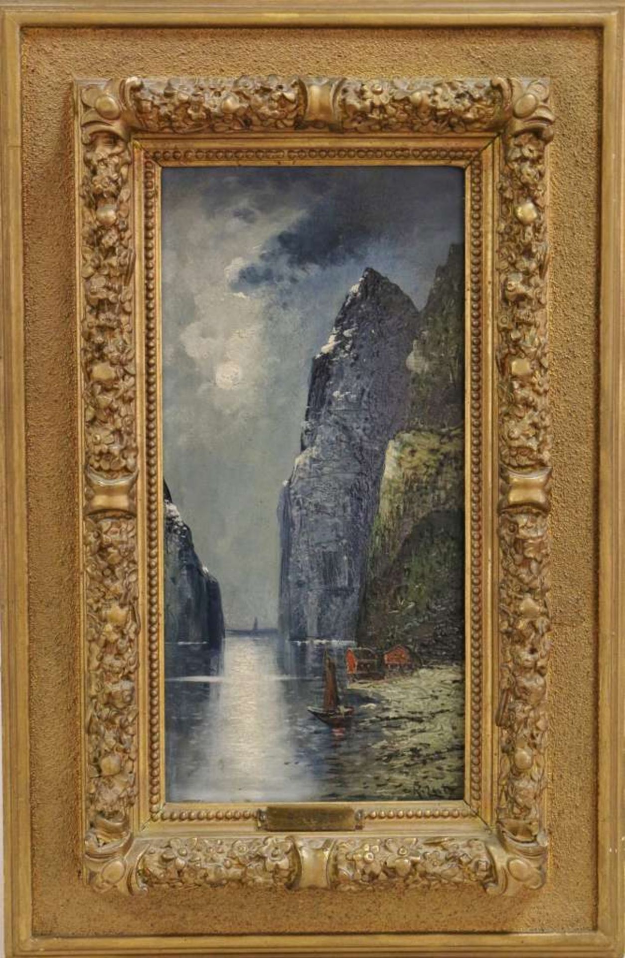 R. Lutz (XX), Öl auf Holz, Fjord bei Nacht, u.re. sign. R. Lutz, Maße: ca. 31,3 x 15,3 cm, - Bild 3 aus 3