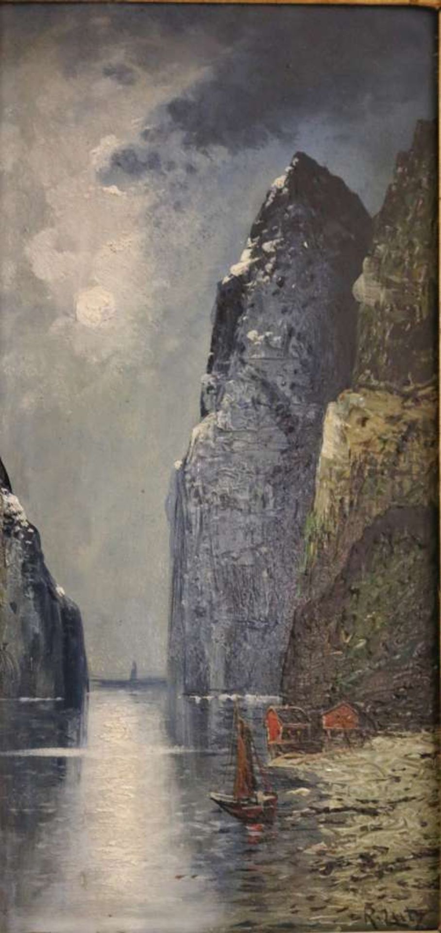 R. Lutz (XX), Öl auf Holz, Fjord bei Nacht, u.re. sign. R. Lutz, Maße: ca. 31,3 x 15,3 cm,