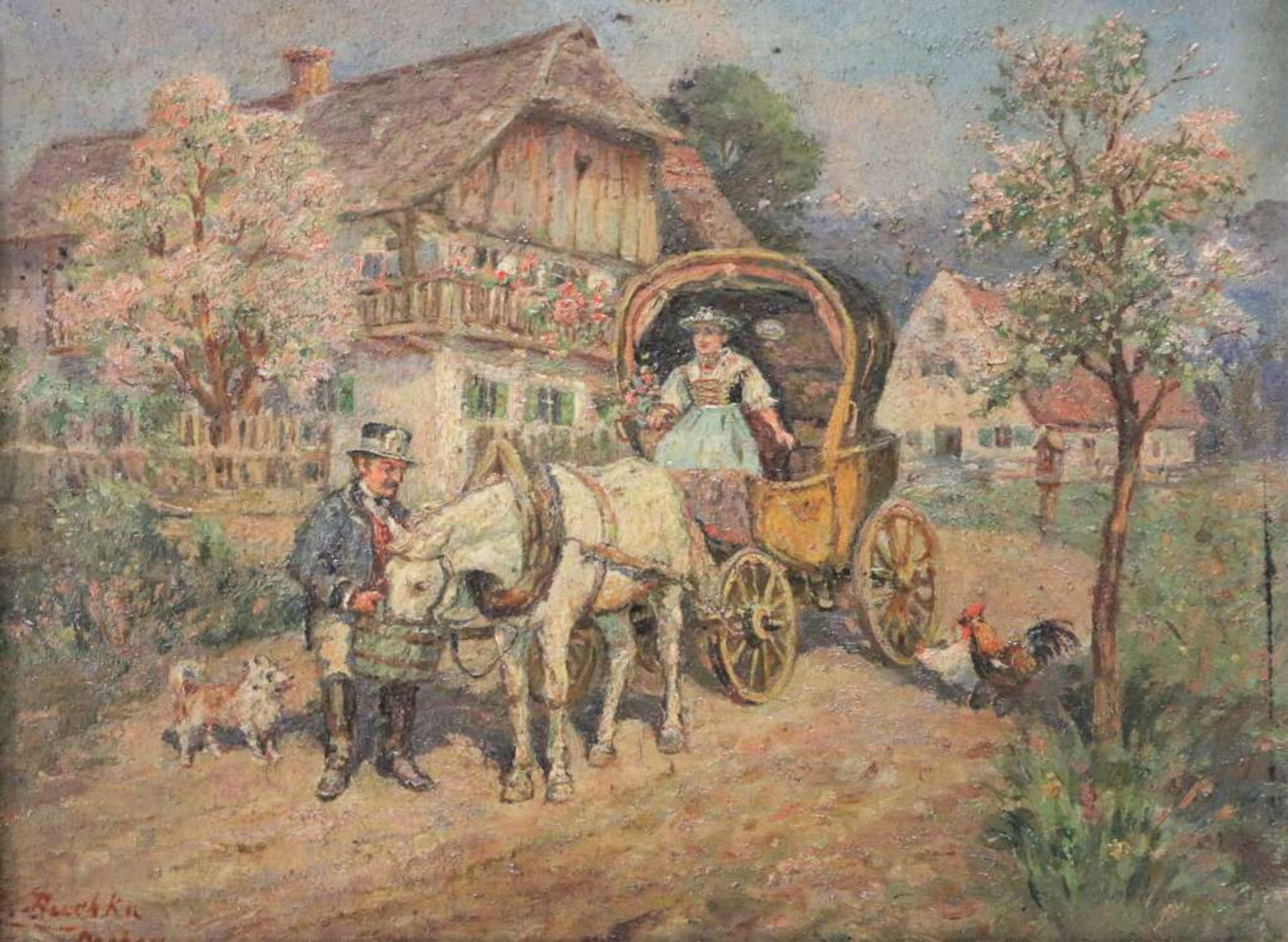 Karl BUCHKA (1868-1931), Öl auf Holz, ohne Titel, u.li. sign. u. Ortsangabe Dachau, Gehöft mit