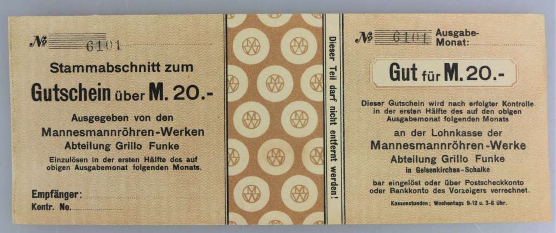 Mannesmannröhren-Werke, 6x 5, 6x 10 und 6x 20 Mark, o.D., entwertet, Konvolut insg. 18 Stück, Abt. - Bild 2 aus 3