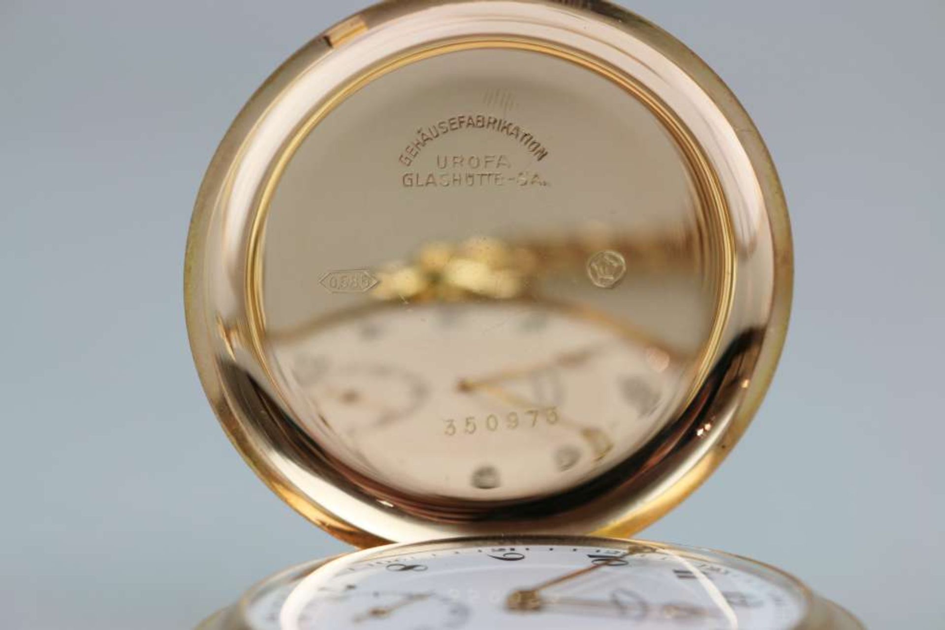 Taschenuhr Glashütte, Gehäuse und Staubdeckel 585er Gelbgold mit vergoldeter Uhrenkette, gepunzt, - Bild 3 aus 5