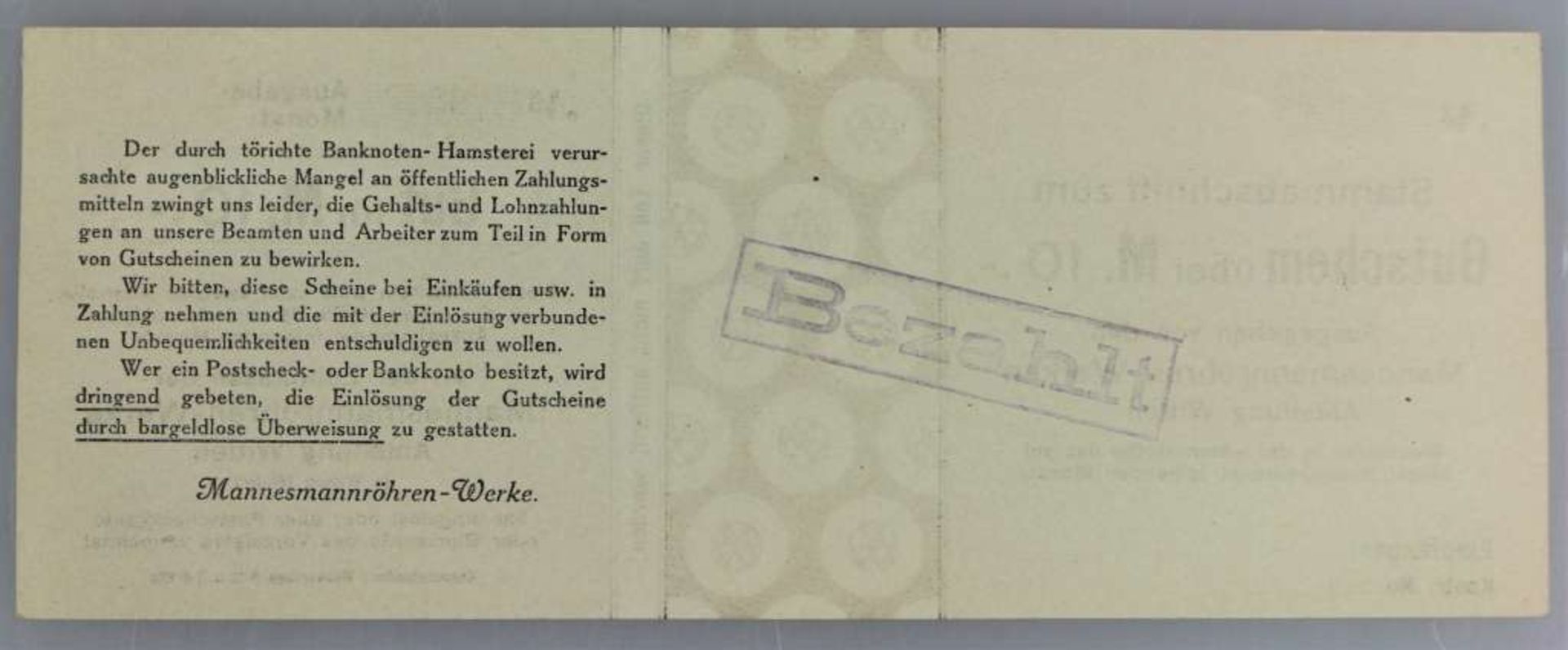 Mannesmannröhren-Werke, 6x 5, 6x 10 und 6x 20 Mark, o.D., entwertet, Konvolut insg. 18 Stück, Abt. - Bild 3 aus 3