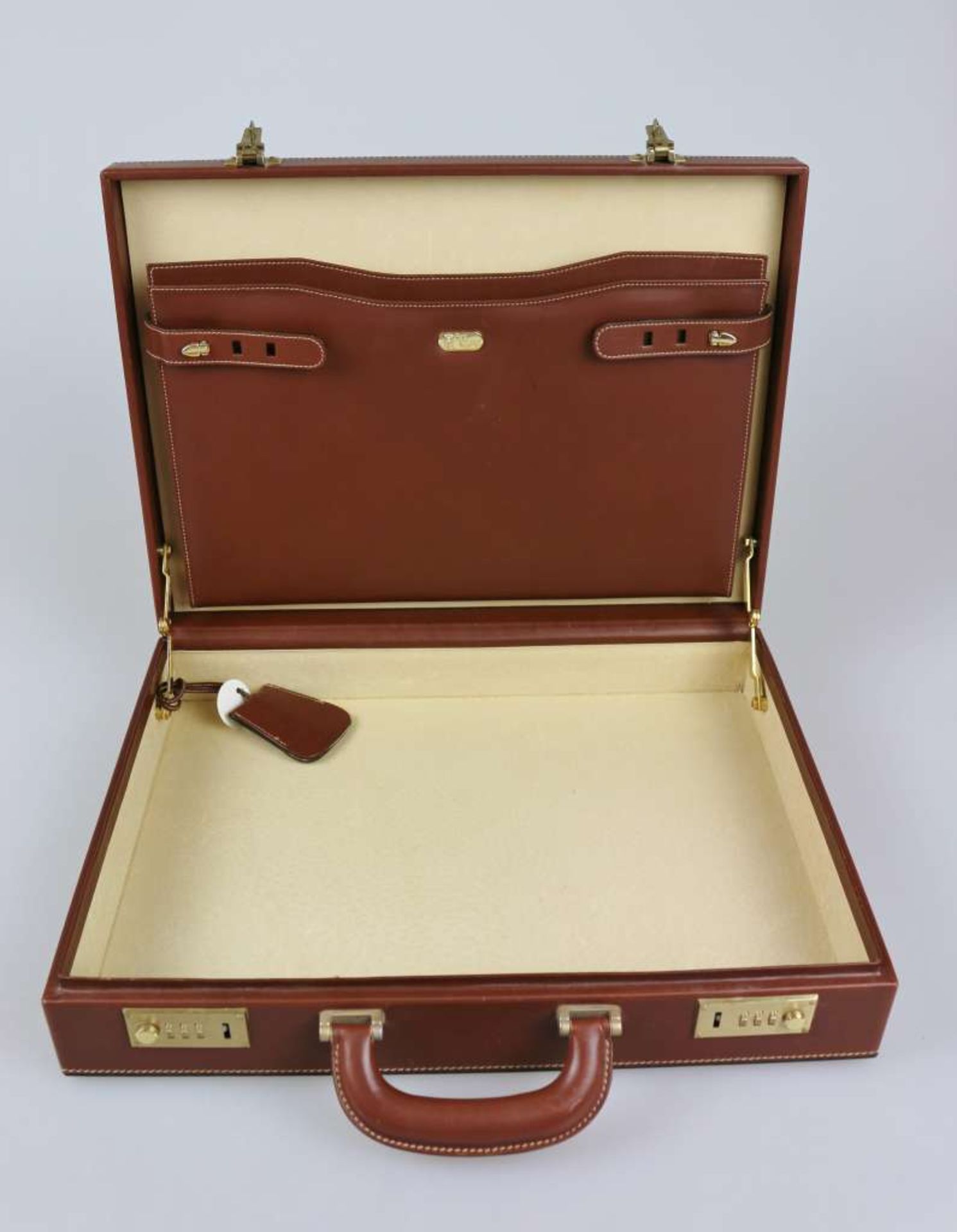 Gucci, Vintage Aktenkoffer, cognacfarbenes Leder, Ober- und Unterseite aus schwarzem, - Bild 3 aus 5