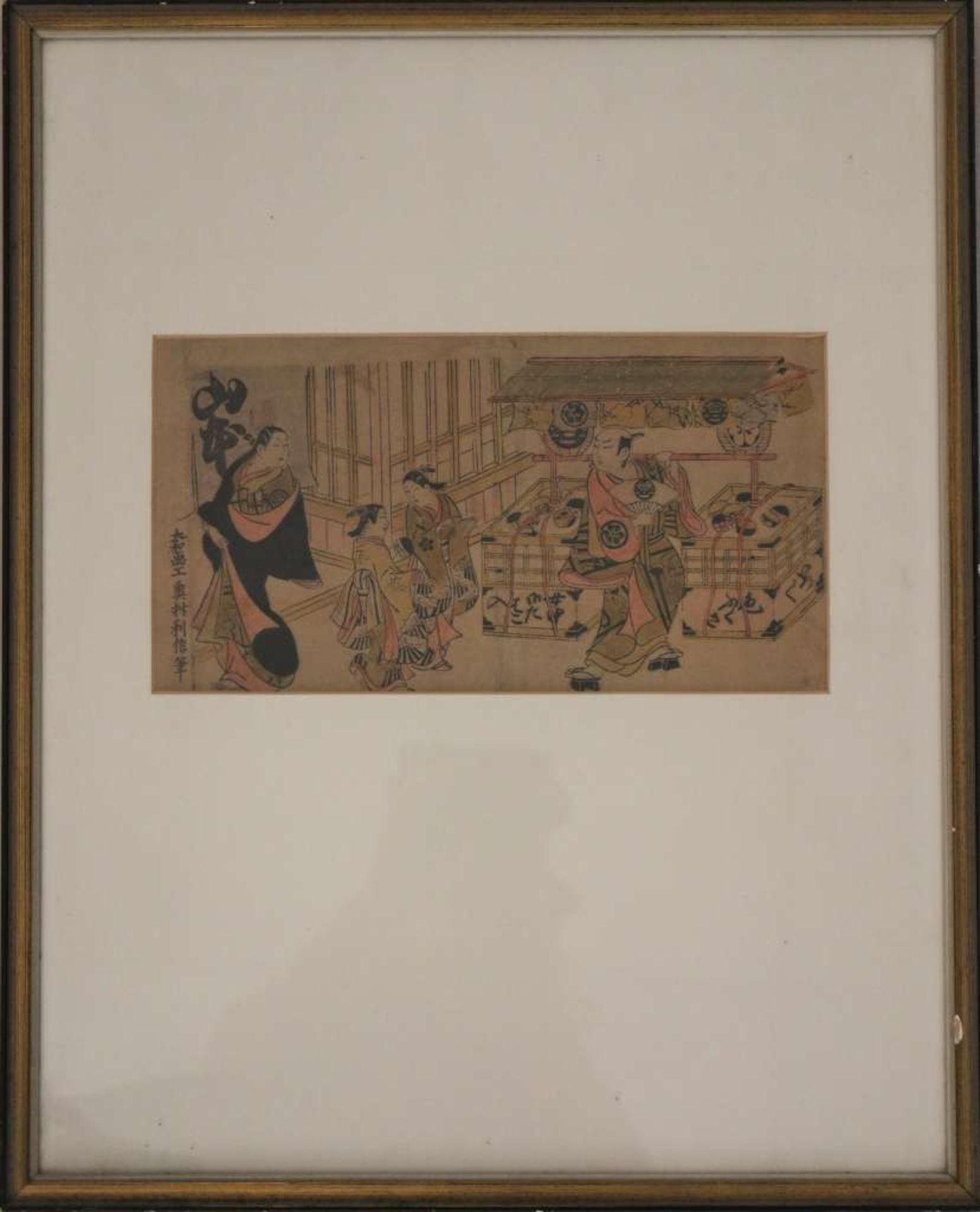 Farbholzschnitt, Japan, wohl 19. Jh., Dame mit Dienerinnen bei einem Händler. Maße: 15 x 28,5 cm. - Bild 2 aus 3