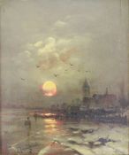 Johann JUNGBLUT (1860-1912), Öl auf Holz, Winterspaziergang am Strand in der Dämmerung, u.li. sign.,