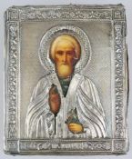 Kleine Ikone des hl. Sergius von Radonesch, Russland 19. Jh., Eitempera auf Holz, mit guillochiertem