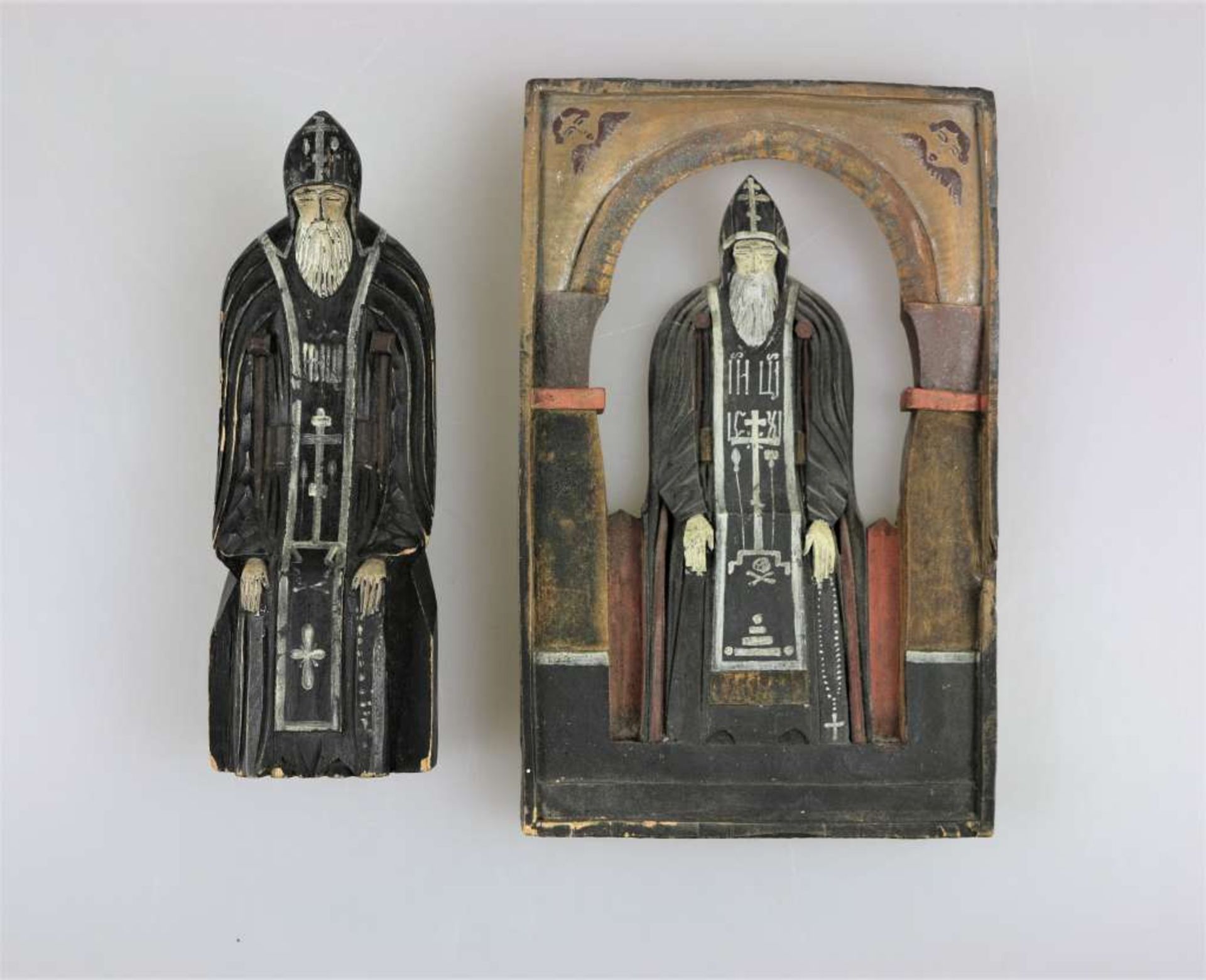 Hl. Seraphim Vyritsky, als Relief und Miniaturplastik, Russland, Holz, 19./ 20. Jh., H.: 18,5 u.