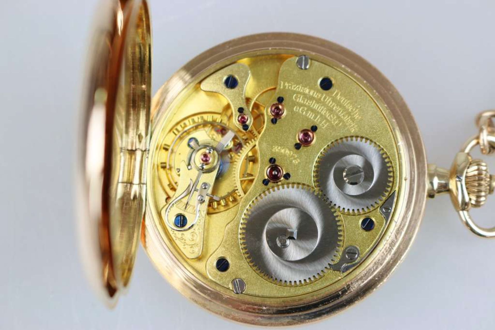 Taschenuhr Glashütte, Gehäuse und Staubdeckel 585er Gelbgold mit vergoldeter Uhrenkette, gepunzt, - Bild 4 aus 5