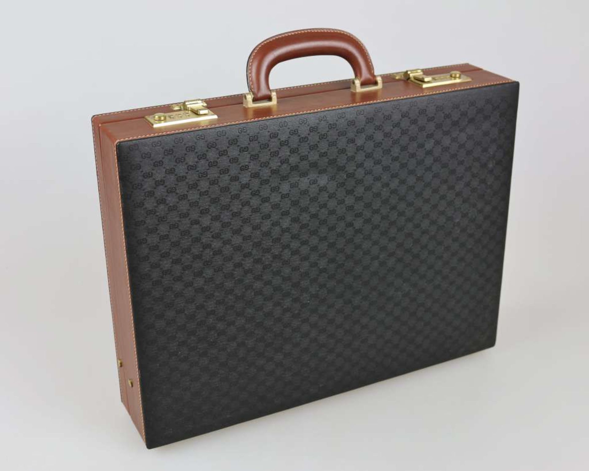 Gucci, Vintage Aktenkoffer, cognacfarbenes Leder, Ober- und Unterseite aus schwarzem,