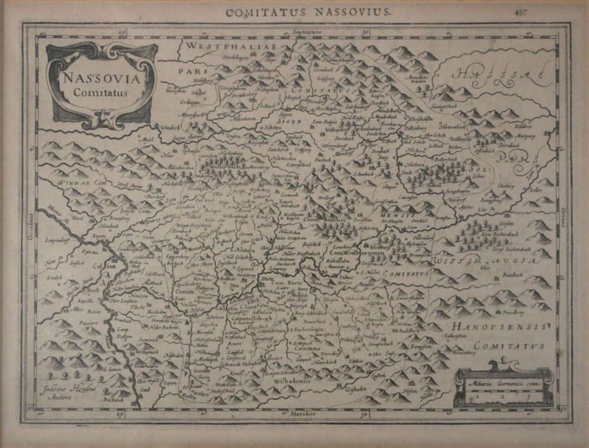 Kupferstich- Karte, n. J. Hondius b. Janssonius - Waesberge, "Nassovia comitatus", nach 1676,