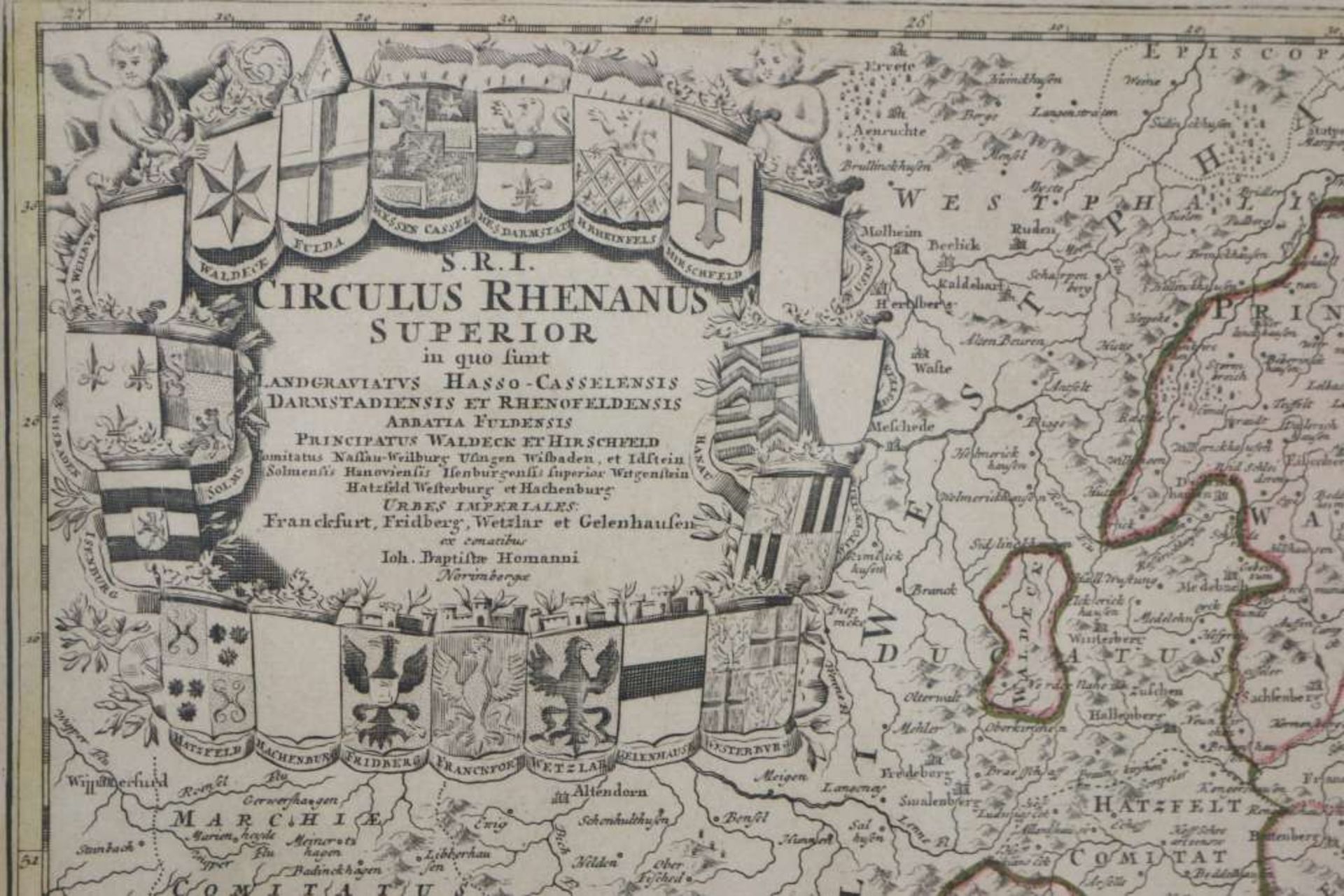 Johann Baptist Homann (1664 - 1724), Landkarte von Hessen und des Mittelrheingebietes, "S.R.I. - Bild 2 aus 3