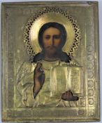 Ikone Christus Pantokrator, Russland, 19./ 20.Jh., Messingoklad. Maße: 17,8 x 14,5 cm.