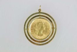 Goldmünze Sovereign 1 Pfund als Anhänger in Goldfassung, diese in 585er Gelbgold, Sovereign: