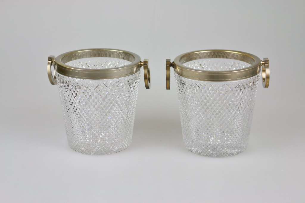 Paar Champagnerkübel aus Kristallglas mit versilberter Montur, Made in France, Herstellerzeichen AS,