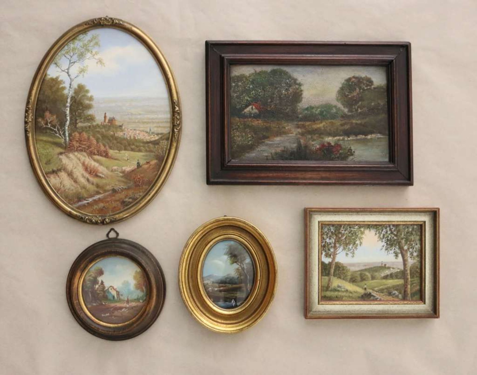 Fünf kleine Gemälde, div. Landschaftsdarstellungen, darunter zwei von Hans Raufenbarth mit der