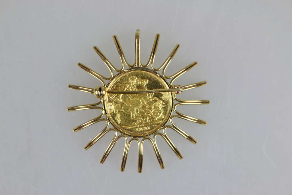 Goldmünze Sovereign 1 Pfund als Anhänger/ Brosche in Goldfassung in Form eines Strahlenkranzes, - Image 2 of 3