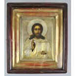 Ikone, Russland, wohl 19. Jh., Christus Pantokrator, Eitempera auf Holztafel, vergoldetes Silbe