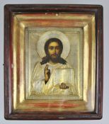 Ikone, Russland, wohl 19. Jh., Christus Pantokrator, Eitempera auf Holztafel, vergoldetes Silbe